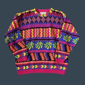 Vintage Reference Point Colorful Geometric Pattern Knit Sweater